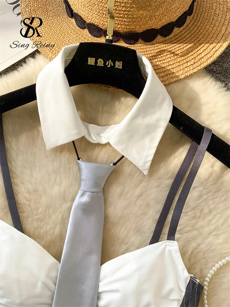 SINGREINY Club Sexy Camisole Female Lapel Neck Sleeveless Strap Backless sweet Top Streetwear Patchwork Striped Mini Tank Top 260306