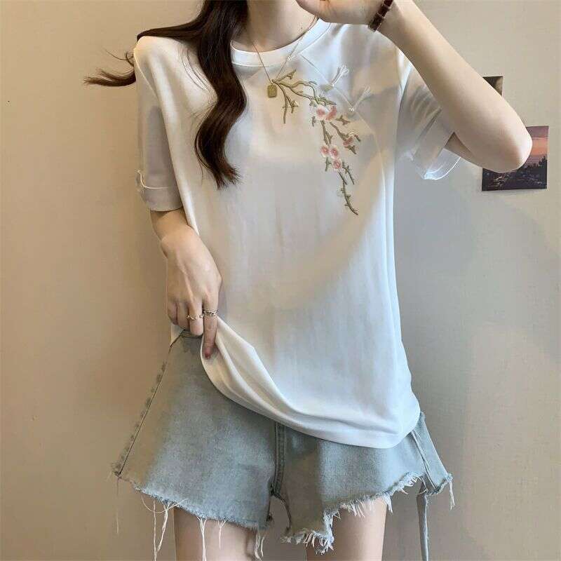 Women Summer Chinese Style Graceful Embroidery Floral Black T Shirts 2025 New Lady Casual Loose Short Sleeve Retro Tops Female