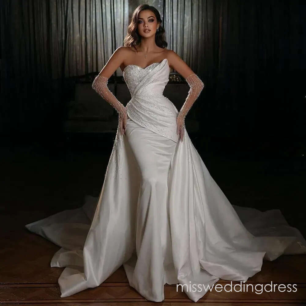 Charming Mermaid Wedding Dresses Beaded Bridal Gowns With Detachable Train Sequined Sweetheart Neckline Satin Plus Size Vestido De Novia