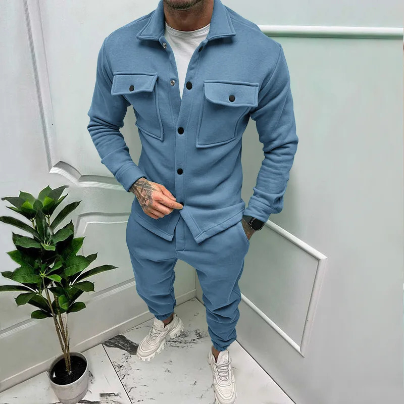 Party Mens Jacket and Pants Sets Pocket Overalls Male Fashion Suit Solid Color Autumn Winter Streetwear Tracksuit 2 Piece Set 260227
