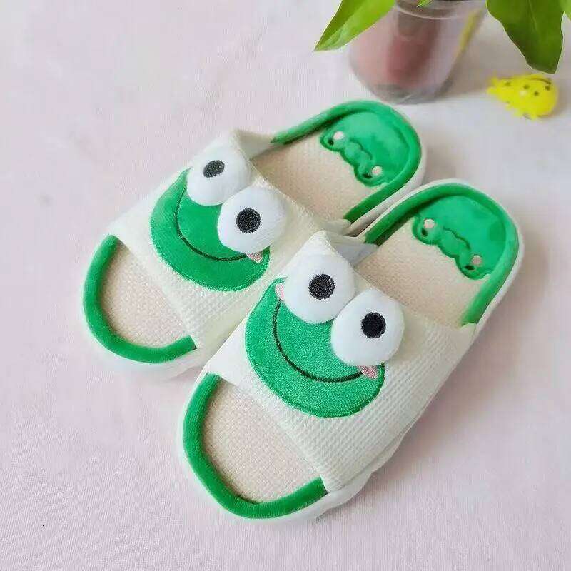 Women Men Cartoon Frog Linen Spring Summer Anti Slip Home Slippers Thick Bottom