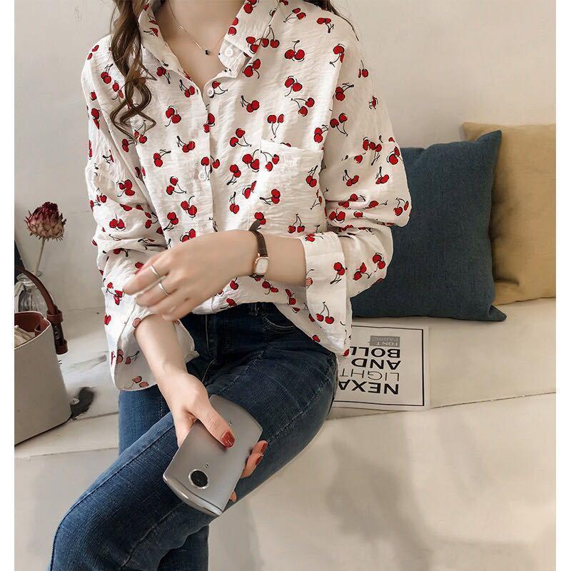 Women Shirts Long Sleeve Cotton Blouse Fashion Print Cherry Lips Flower Top Shirts For Women Autumn Under Shirt Ladies Office 210323