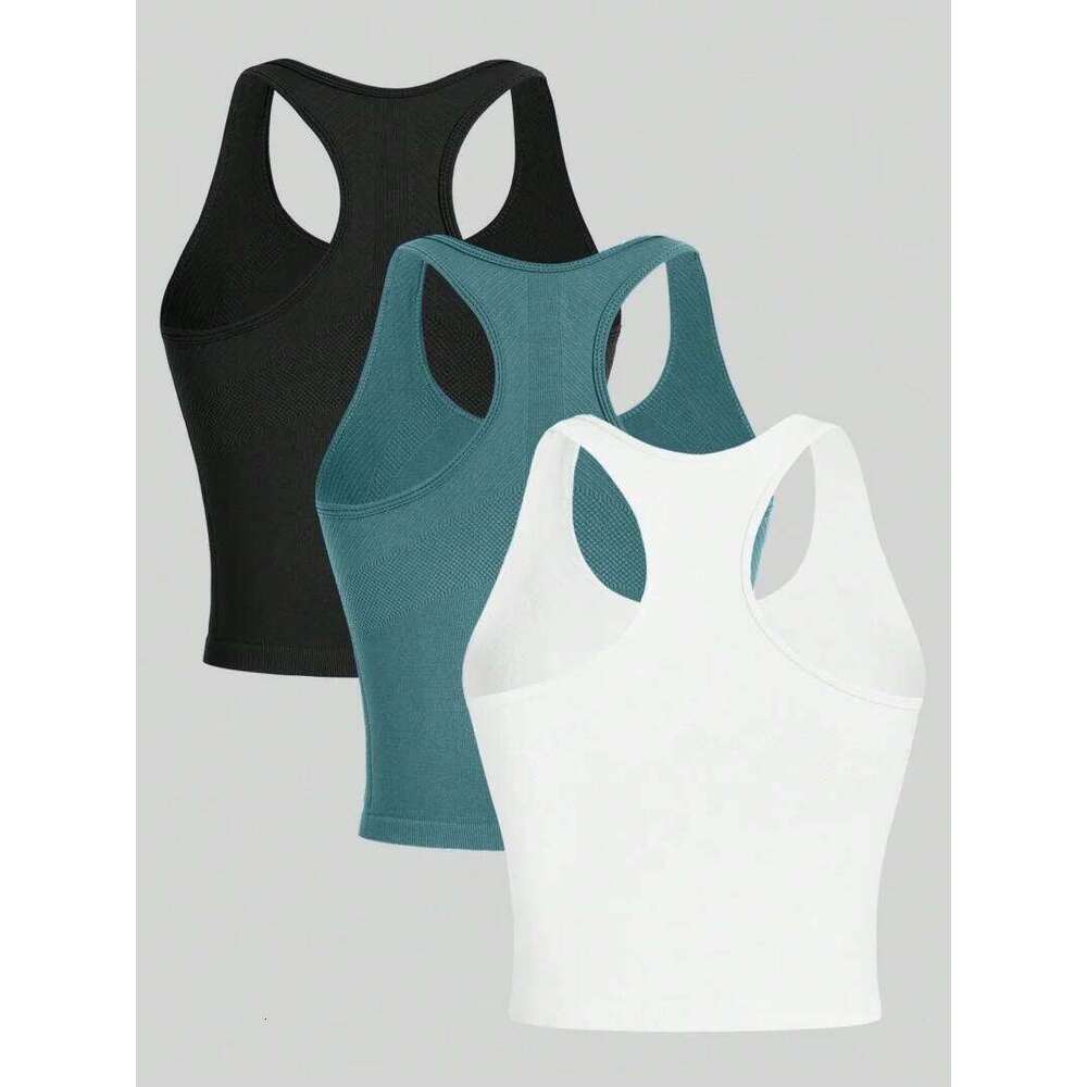 3 Piece Yoga Vest Women Gym Sports Racer Crop Tops Seamless Streetwear Rib Knit Workout BreathableTank Top Female 26Y0306