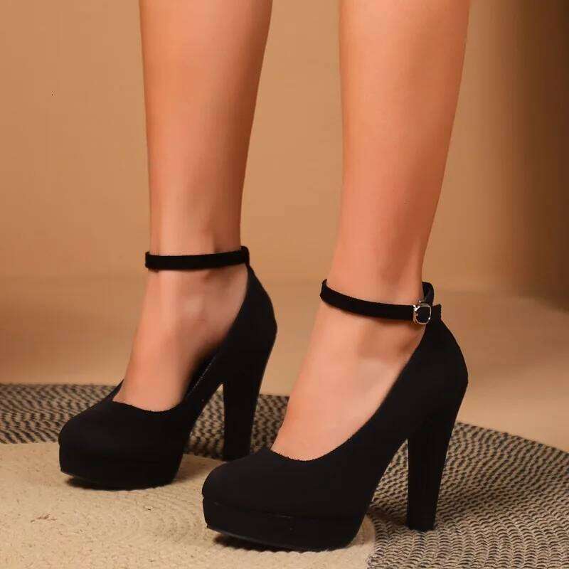Large Size 42 Sexy Super High Heels for Women Ankle Buckle Chunky Platform Pumps Woman Black Flock Square Heel Party Shoes