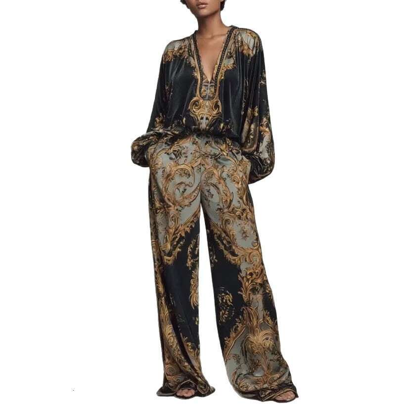 Women Early Spring Retro V Neck Korean Velvet Printed Two Piece Suit Elegant Holiday Vacation Outfit Fashion Casual Ladies Matching Set