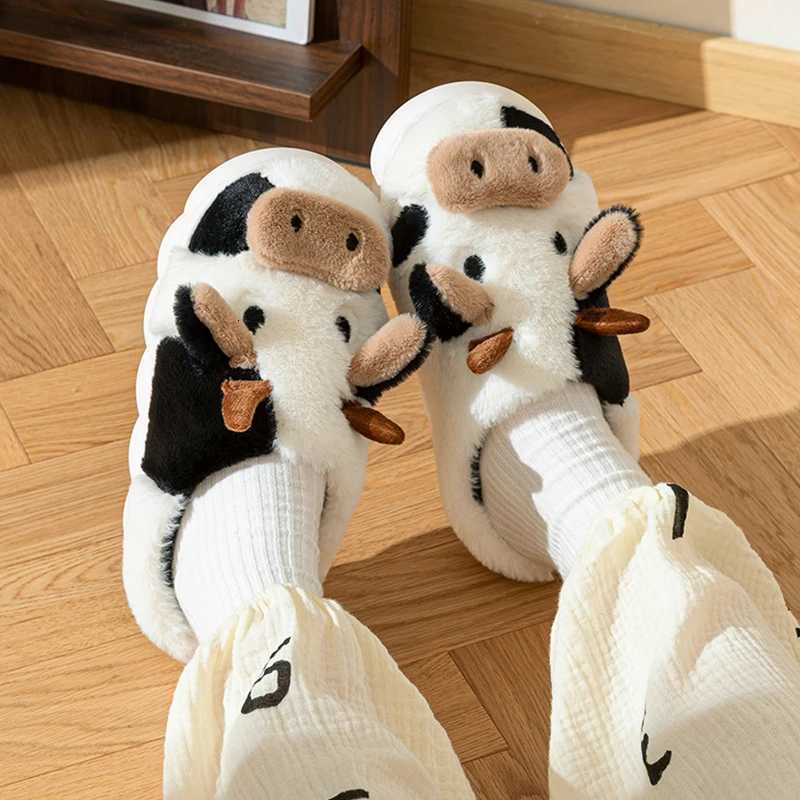 Cute Cow Plush Slippers for Women Men Warm Fuzzy Animal Slippers Indoor Outdoor Cozy Home Shoes S260305