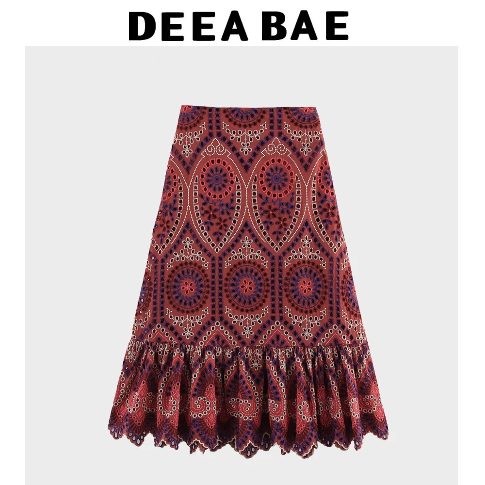 DEEABAE Comfortable Round Neck Sleeveless Top With High Waist Layered Decoration Hollowed Out Embroidery MIDI Skirt 260304