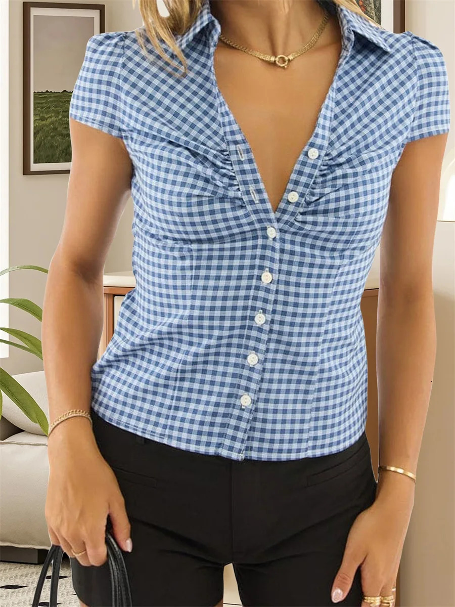 Women s Short Sleeve Plaid Shirt with Button Closure Stylish Summer Top for Everyday Casual Wear in the City 260306