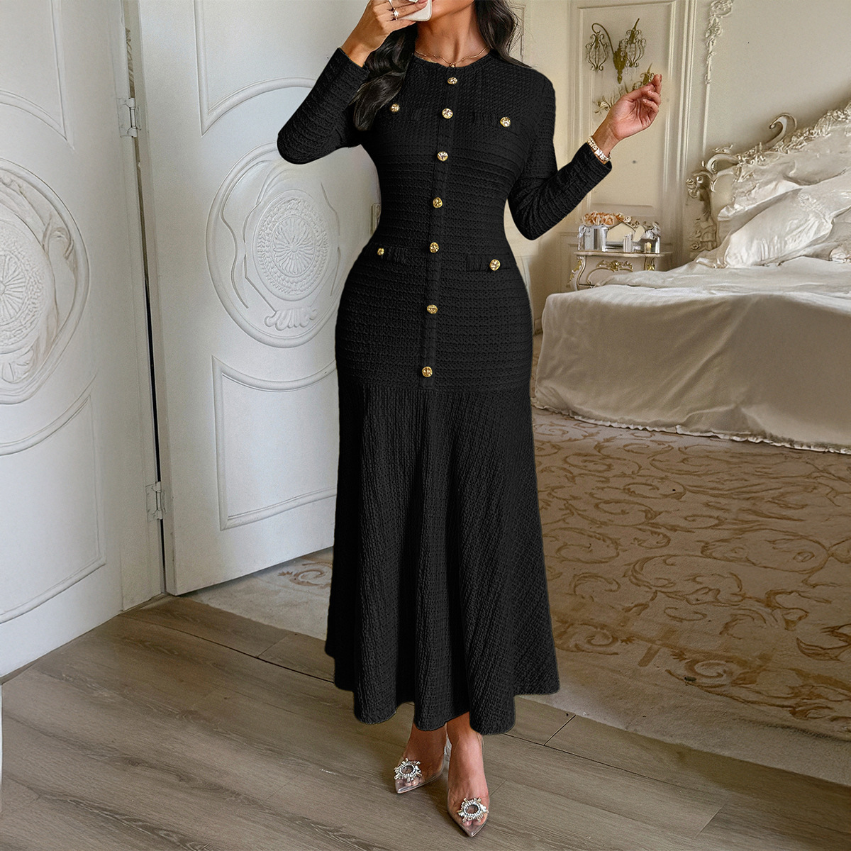 Off white dress spring / autumn womens dress ladies slim elegant bottoming dress 240717