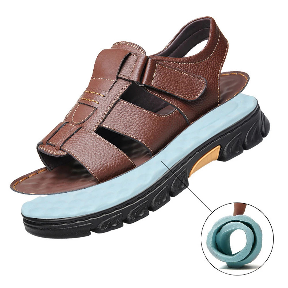 Loveontop Sandals Mens Beach Shoes Cowhide Slippers Outdoor Non-slip Thick-soled Leather Sandals for Me 260304