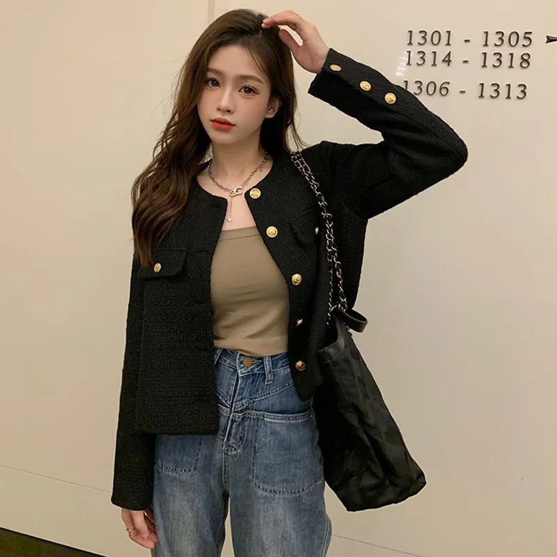 French Wool Tweed Coat Fashion High-end Gold Button Short Slim Temperament Spring and Autumn Korean Coats Women Jacket 260306