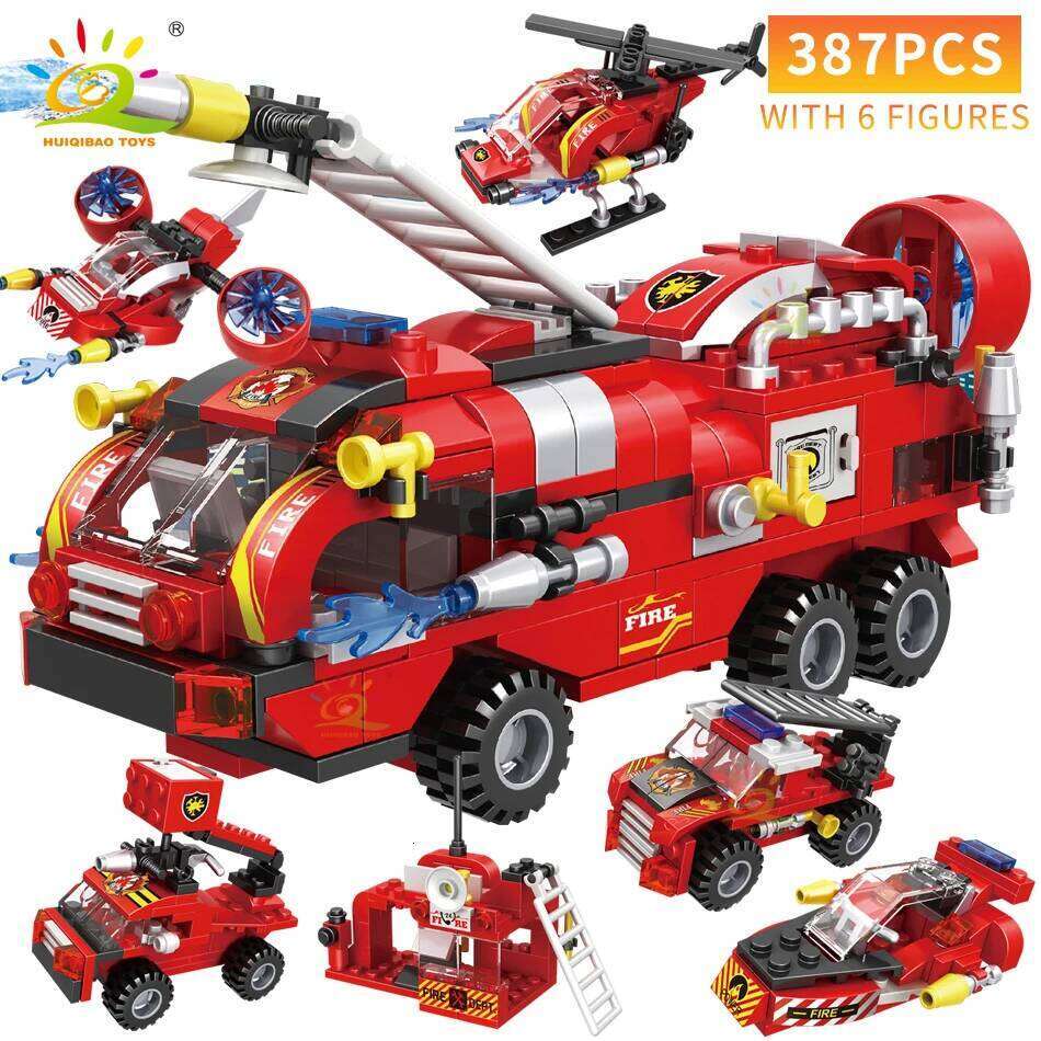 HUIQIBAO 387pcs 6in1 Fire Fighting Trucks Building Blocks City Rescue Helicopter Bricks 6 Fireman Toys For Children Kids Gift Z260306