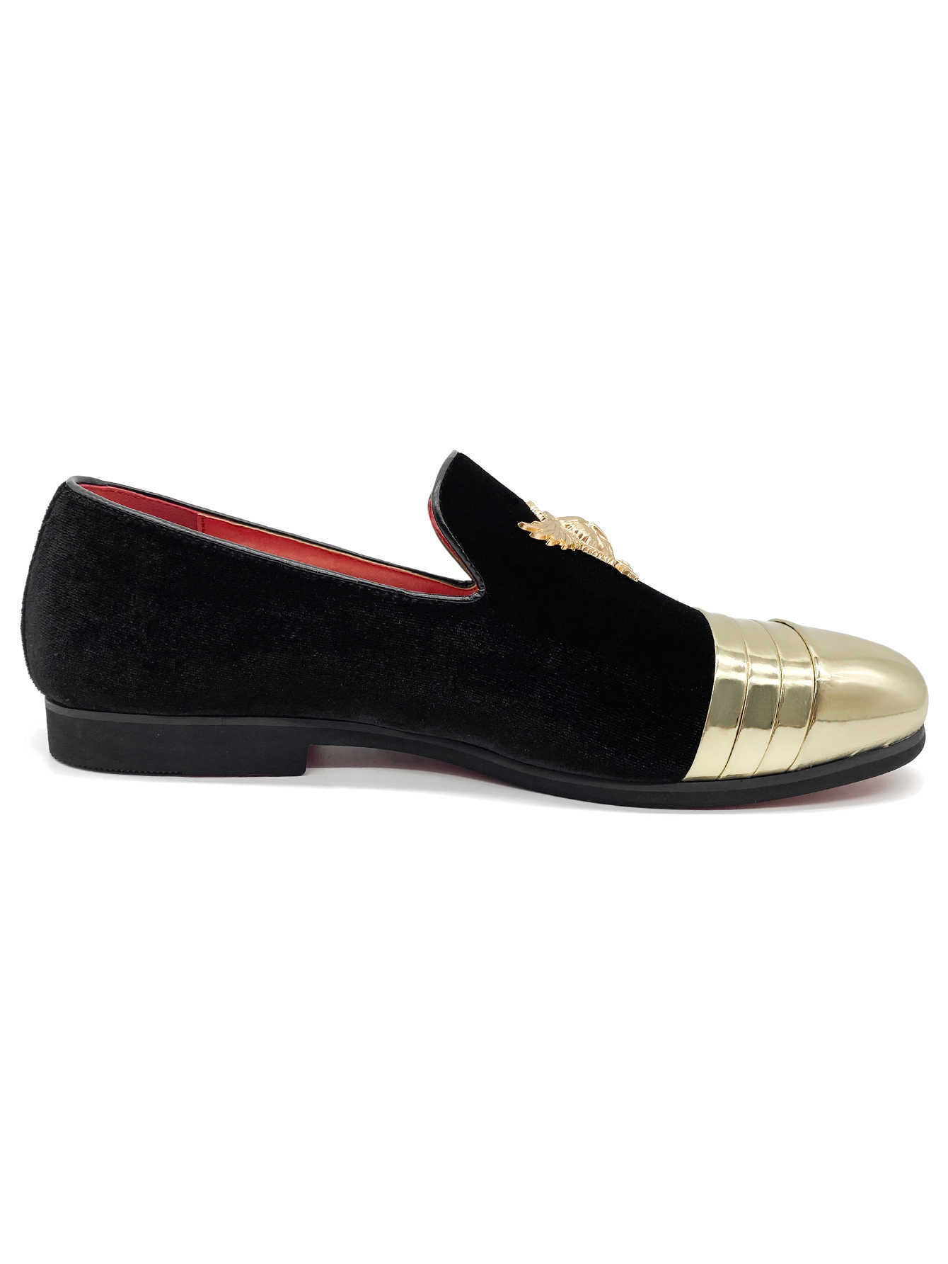 Men's Luxury Black Velvet Loafers Gold Cap Toe and Ornate Eagle Badge Red Bottom Dress Shoes