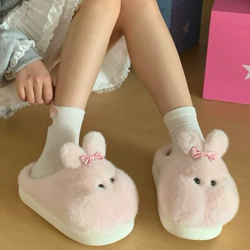 Women Indoor Cotton Slippers Cute Cartoon Rabbit Winter House Shoes Woman Home Floor Fluffy Slides Warm Plush Anti-slip Footwear S260305