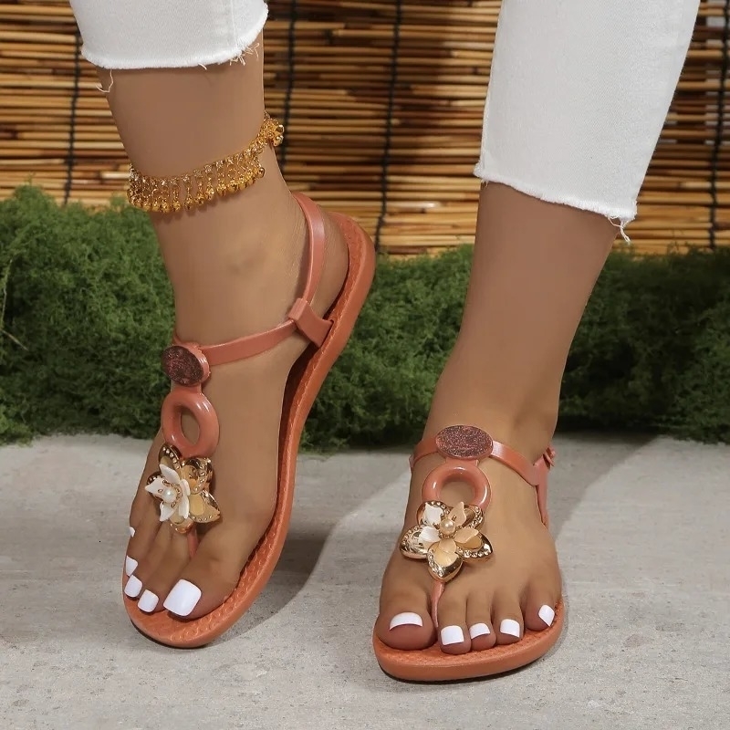 Summer Womens Bohemian Sandals Light Flat Open-toed Rhinestone Beach Shoes Non-slip Wear Womens Shoes 260305