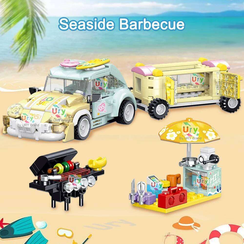 Friends Summer Amusement Park Beach Camp Holiday Seaside Barbecue Slide MOC Camper Building Blocks Set Figures Toy for Girl Gift Z260305
