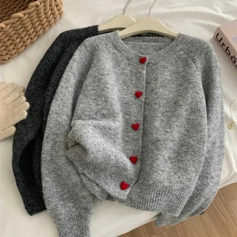 Deep Grey Wool Knitted Cardigan For Women 2026 Autumn Winter Soft And Sticky Warm Love Buckle Shoulder Sleeves M260306
