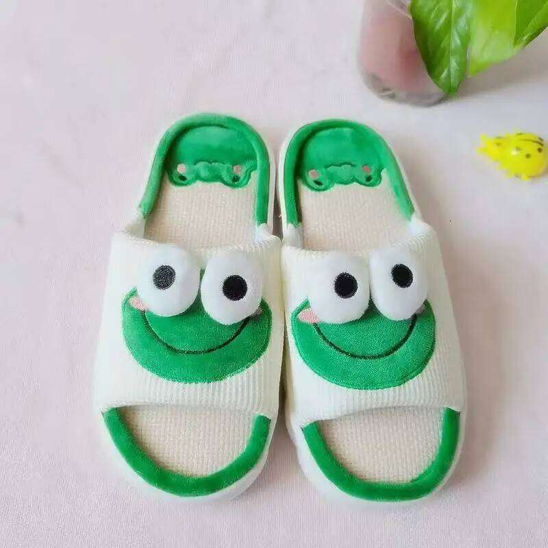Women Men Cartoon Frog Linen Spring Summer Anti Slip Home Slippers Thick Bottom