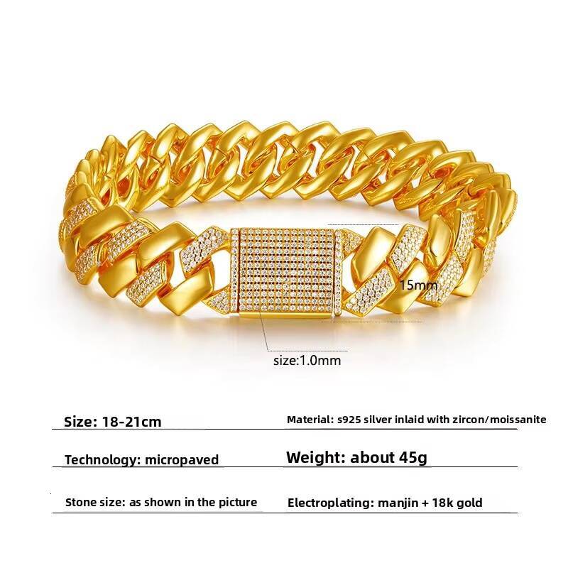 S925 Silver Gold/Silver Plated Inlaid Moissanite 14mm Wide Hip-Hop Cuban Bracelet for Men Third Party Bracelets Bangles