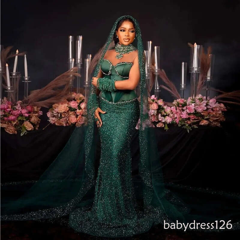 African Green Beaded Mermaid Prom Dresses With Veil Crystals Sheer Long Sleeve Aso Ebi Style Formal Special Ocn Gowns 0302