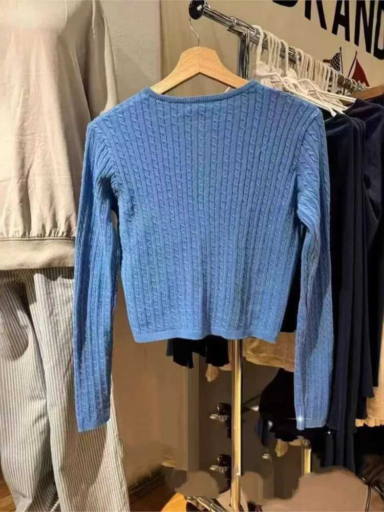 New Blue Twisted Flower Knit Cardigan Women Autumn Casual O-neck Single-breasted Slim Crop Tops Vintage Preppy Style Sweater Y2K M260306