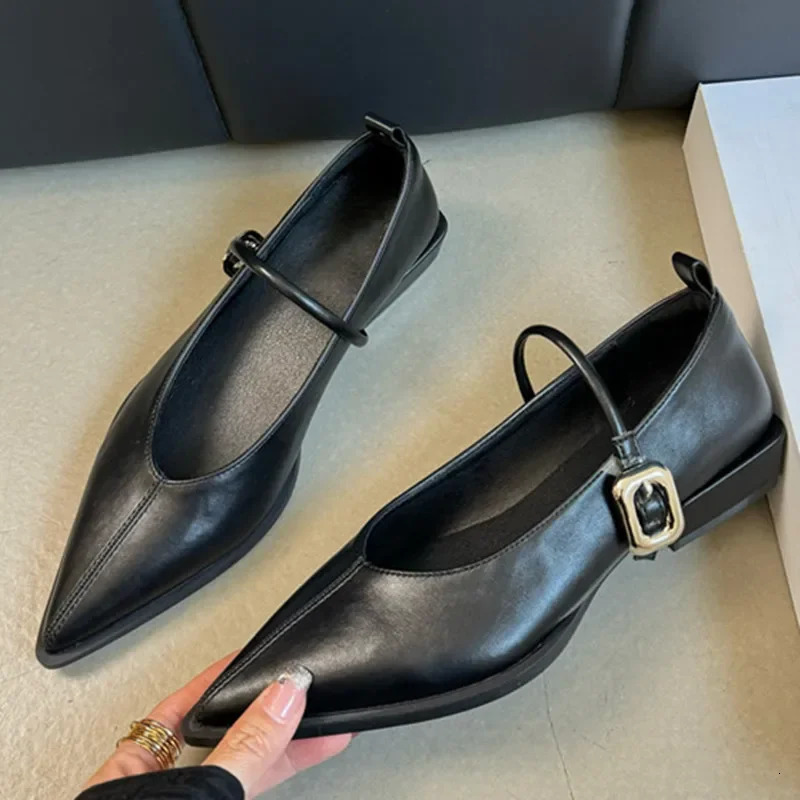 Pointed Toe Women Shoes Buckle Strap Solid Color Retro er Low Heel Shallow Female Shoes Leather Concise Casual Shoes 260303