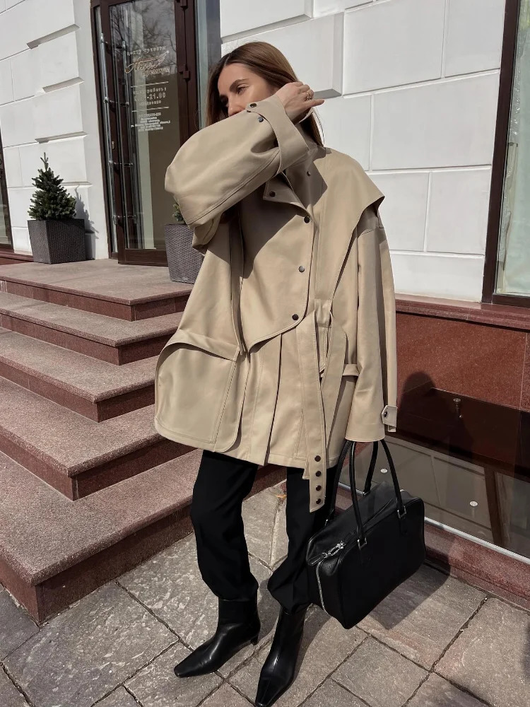 Women Buttons Waist Cinching Windbreaker Solid High Neck Long Sleeve Singlebreasted Trench Coat Lady Autumn Street Outerwear 260228