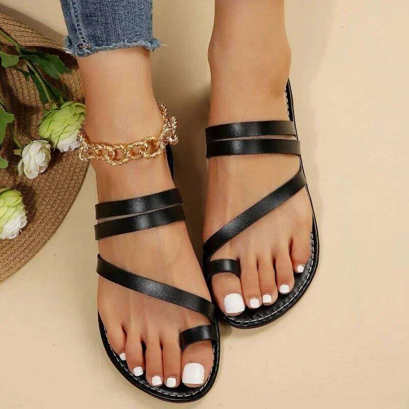 2025 Summer Flat Heel Casual Simple Fashion Beach Slippers Women's PU Leather Belt Slip-On Gladiator Sandals