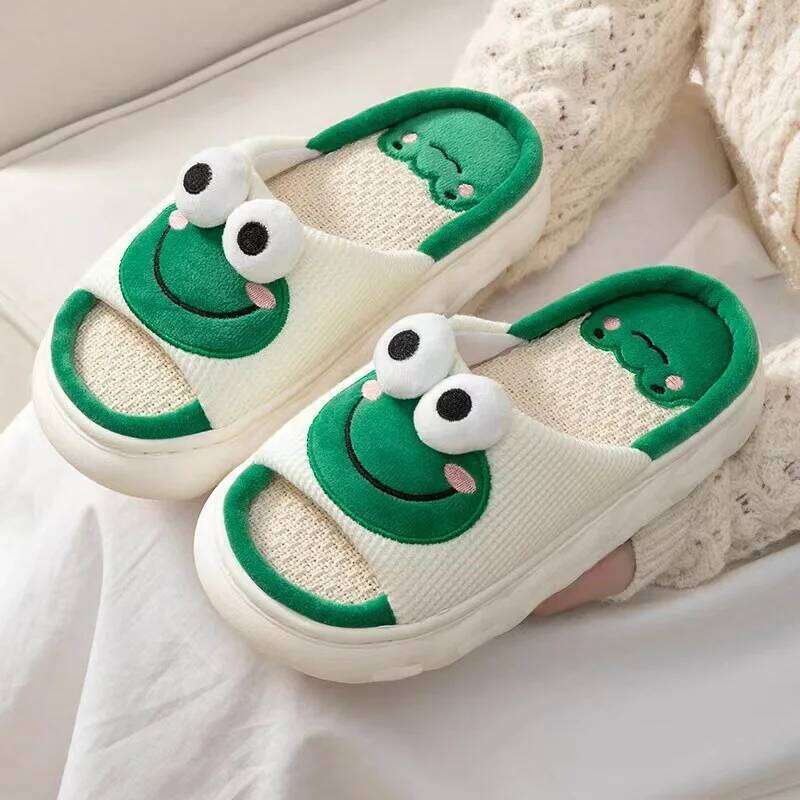 Litfun Winter Linen Soft Sole Indoor Cute Cartoon Pattern Home Slides Slip On Platform Women's Slippers