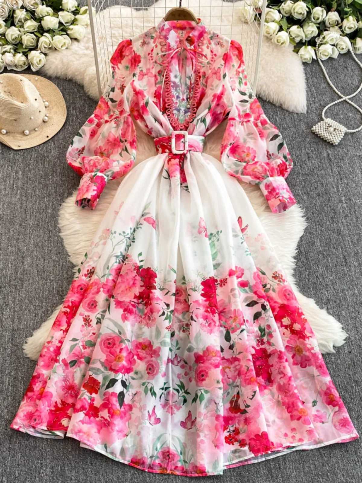 Blossom Series Spring Clothing Women 2025 New Style High-End Printed Slim-Fitting Long French Lantern Sleeve Temperament Dress X260306