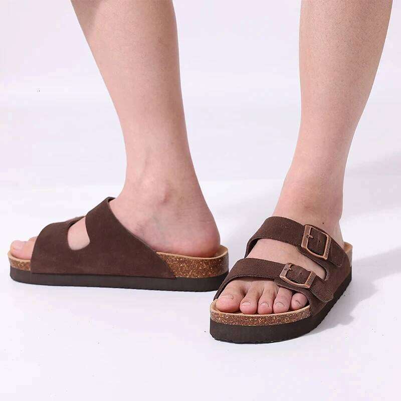 Litfun Classic Leather Women Fashion Suede Flats Sandals Thick Footbed Cork Slides Unisex Outdoor Beach Slippers
