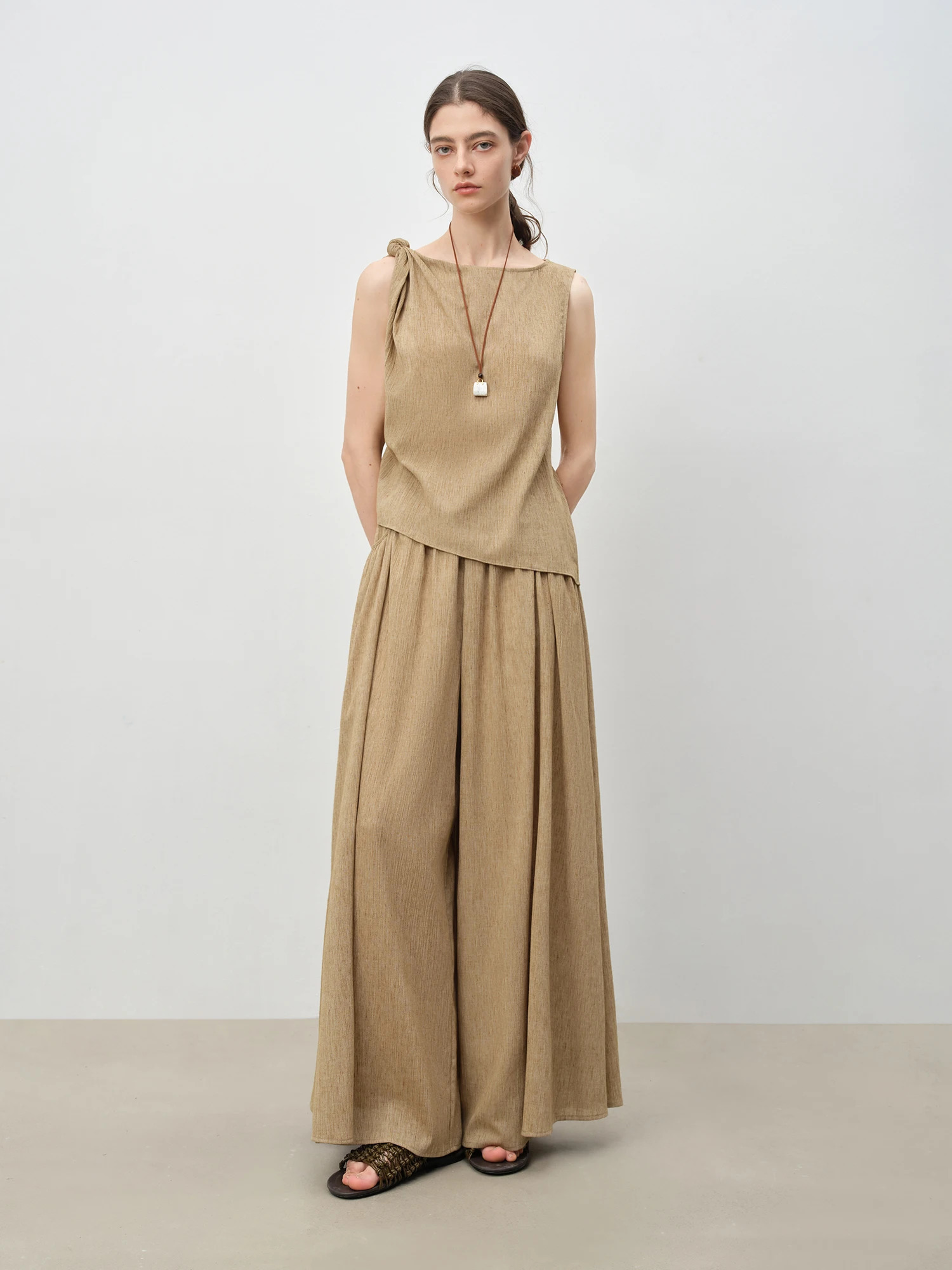 ZIQIAO Summer Womens Sleeveless Linen Set - Breathable Wide-Leg Styling Relaxed Elegance Women Pants Set 25ZQ92104 260304