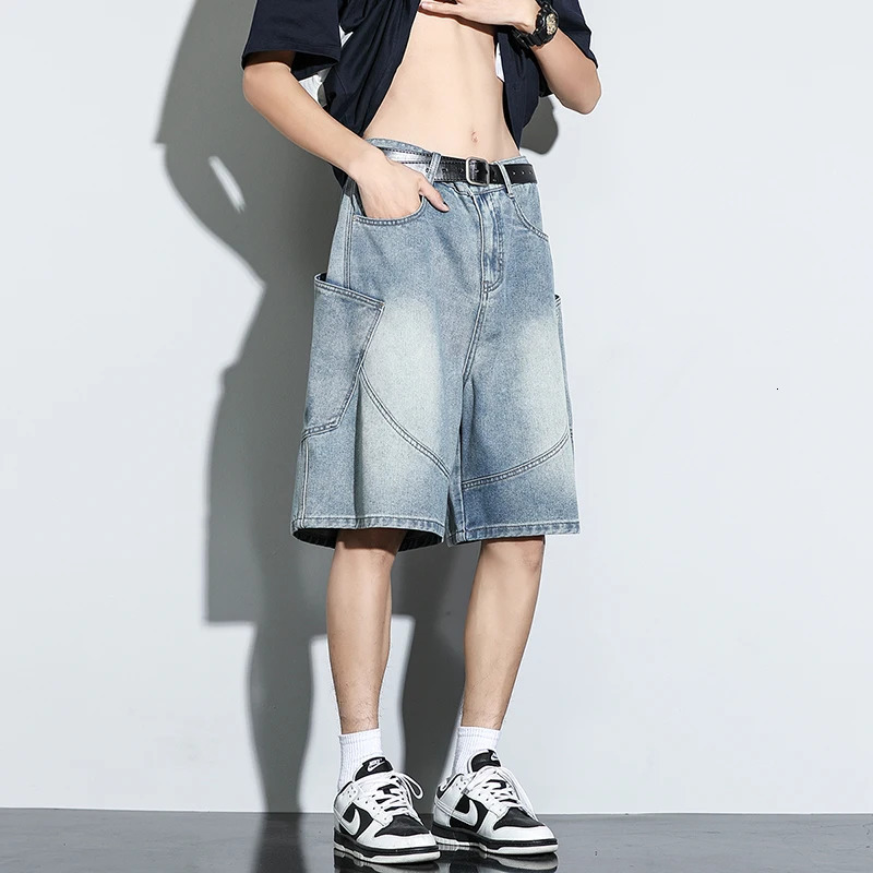 Summer Baggy Denim Shorts Fashion Casual Straight Harajuku Jeans Male Vintage Wash Drawstring Short Pants Streetwear 260306