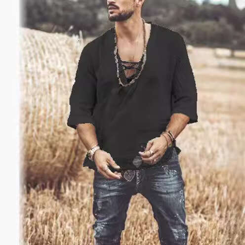 2025 New European and American Style Wish Amazon Hot Men's Chest Tie Eyelet Short Sleeve T-Shirt Shirt