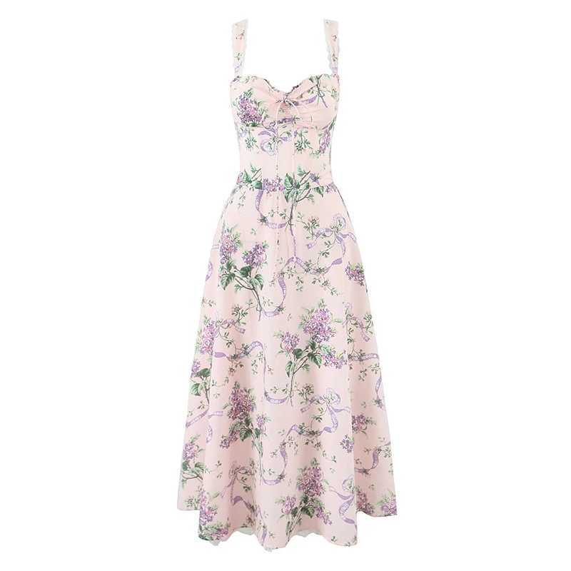 YENKYE 2025 Women Floral Print Fishbone Waist Spaghetti Straps Dress Summer Female Elegant Midi Long Party Dresses Holiday Robe X260306