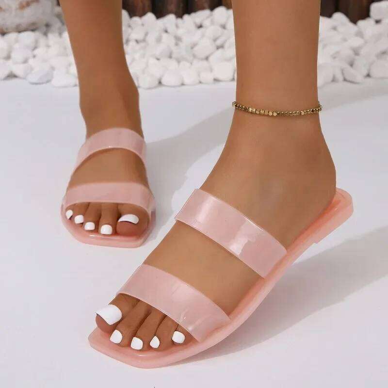 2025 Candy Colored Jelly Slippers Transparent Square Flip Flops for Open Toe Flat Casual Women Slides Beach Shoes