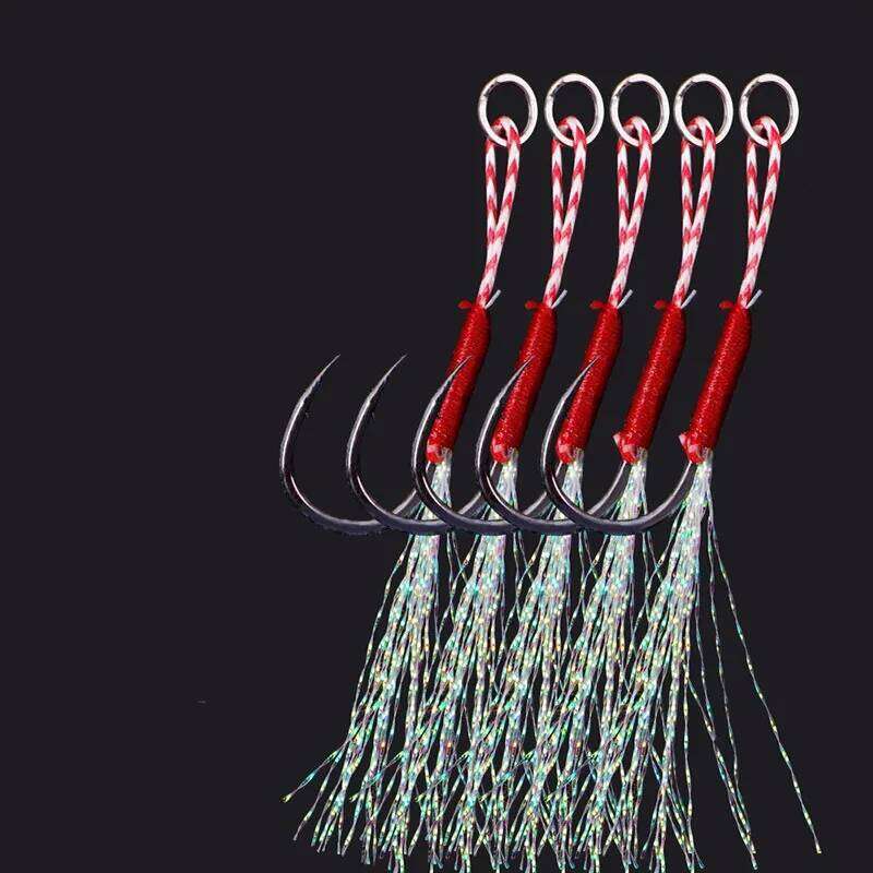 10/20/30Pcs Assist Hooks Single Jig Fishhook With Thread Feather Luminous Barbed Sea Hook For Fishing Lure Y260305