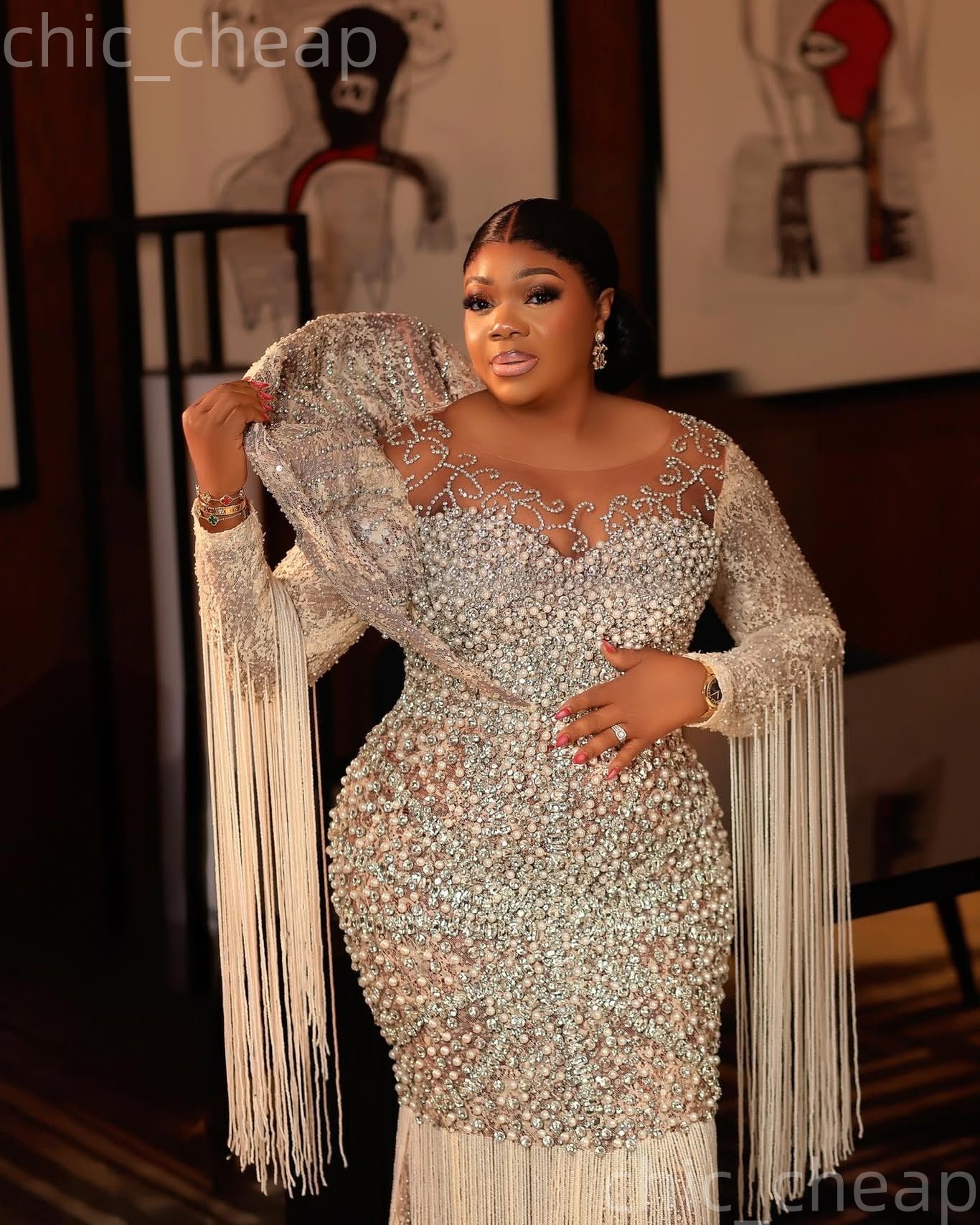 Aso Ebi Champagne Prom Dress 2026 Mermaid Prom Dress Pearls Crystals Tassels Evening Dresses For Black Women Birthday Party Formal Receiption Gowns Dr