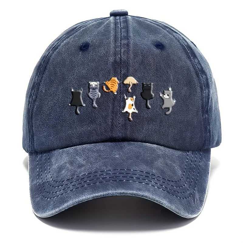 Trendy Cute Cat Print Washed Vintage Soft Top Sunshade Baseball Cap Unisex Versatile Baseball Cap S260306