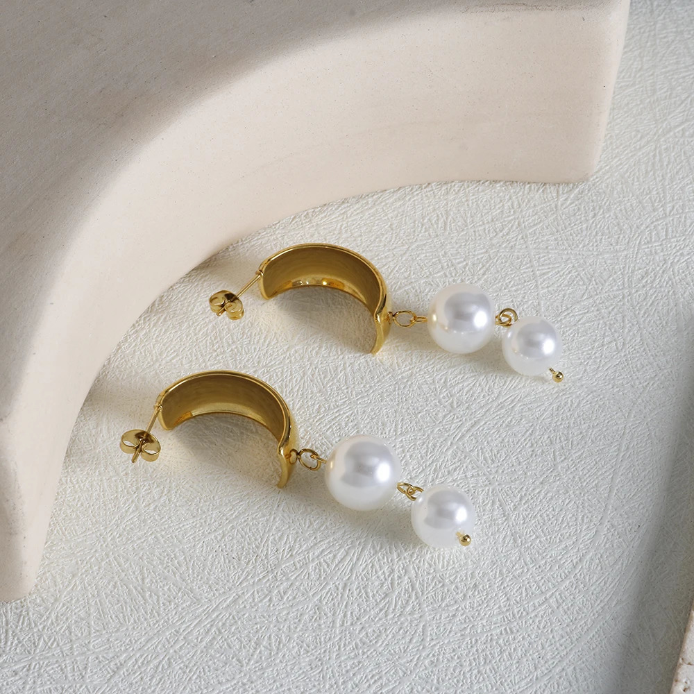 Stainless Steel Tassel Earrings 2 Pearls Dangle Earrings Jewelry 260302