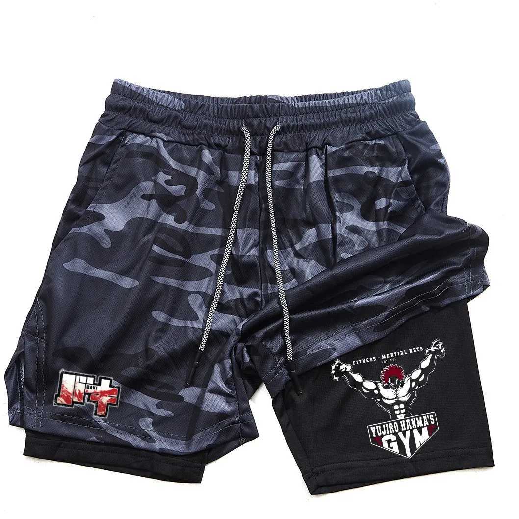 Mens and womens gym shorts quick drying mesh shorts animated printed Baki Hanma sleeves 2-in-1 X260306