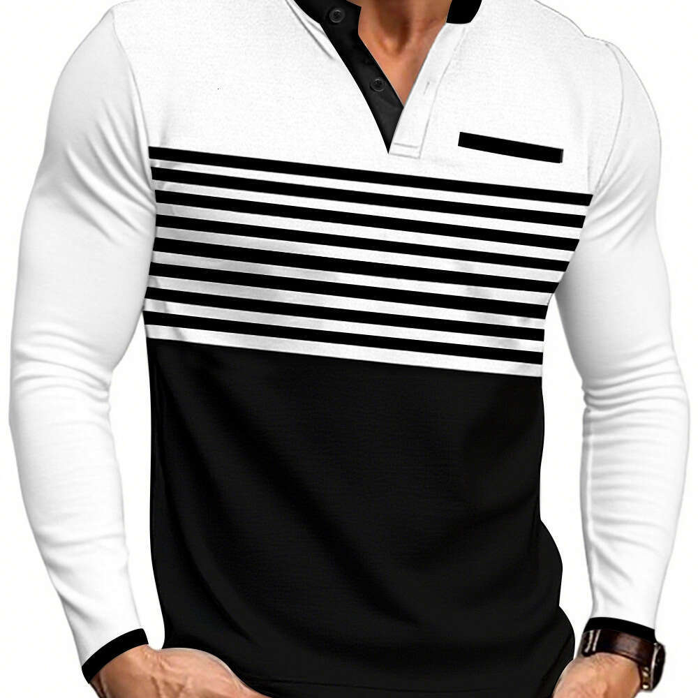 2026 Cross-Border Foreign Trade European and American Summer New Men's Long-Sleeve V-Neck Contrast Color Striped Slim Fit Business Casual T-Shirt