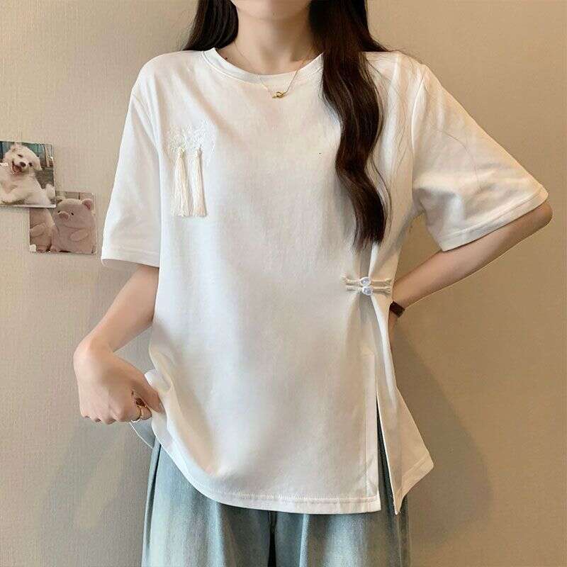 Chinese ethnic style retro red split design short sleeve T-shirt women's summer fashion plus size new loose casual top Casual round Pullover Spli