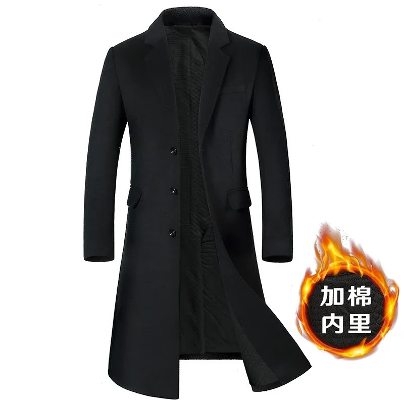 Mens HighQuality Autumn Winter Wool Coat Long Fashion Trench OvertheKnee Thick Cotton M4XL 260302
