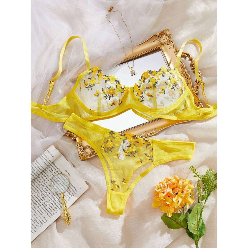 Fairy Yellow Sexy Lingerie Women Transparent Bralette 2 Piece Underwear Sets Floral Embroidery Push Up Bra And Panty Set