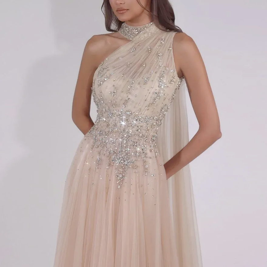 Fashion Champagne Prom Party Dress 2026 with Shawl One Shoulder Beads Crystal A-line Tulle Evening Formal Gowns Pageant Birthday Robe De Soriee Vestid