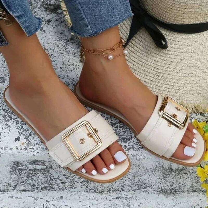 New Slides Personality Buckle Open Toe Wear-resistant Office 2025 Flat Slippers Summer Sandy Beach Sandals Women Shoes