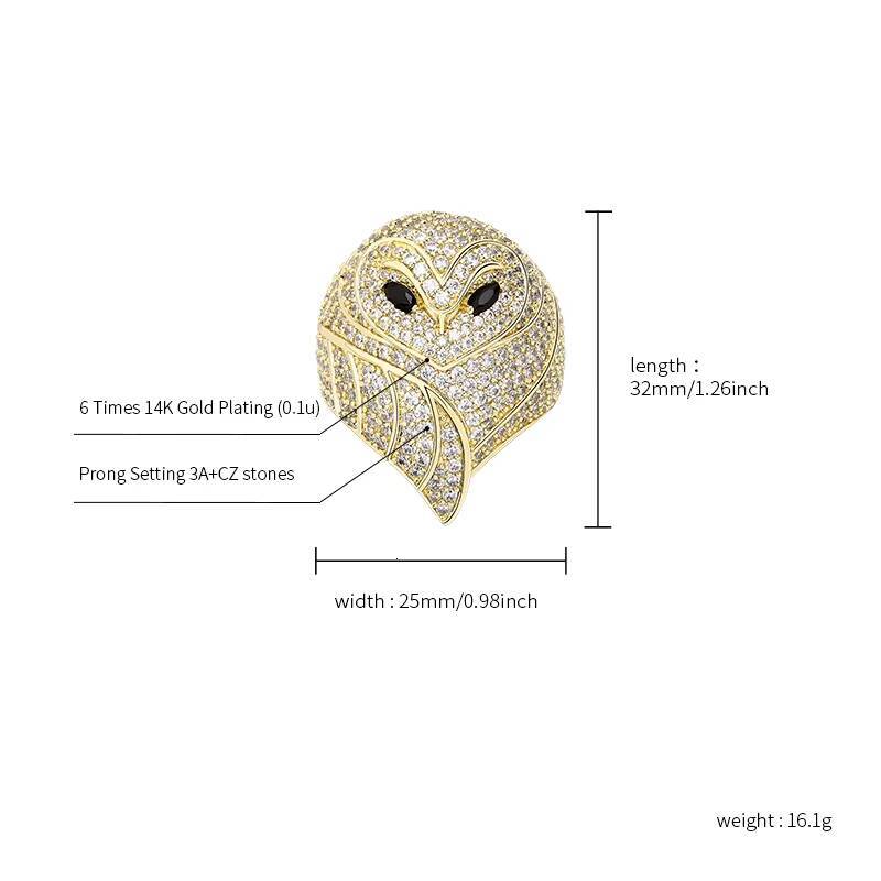 Fashion Cute CZ Animal Owl Design Ring Zircon Brass Gold Plated Hip Hop Iced Out Lab Diamond Finger Jewelry for Men Women Unisex