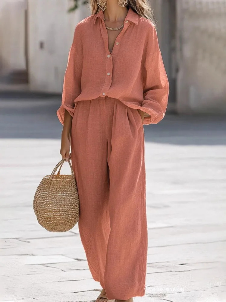 Lady Cotton Linen Shirt Pants Suits Casual Two Piece Set For Women Autumn Long Sleeve Top And Wide Leg Pants Loose Outfits 260305
