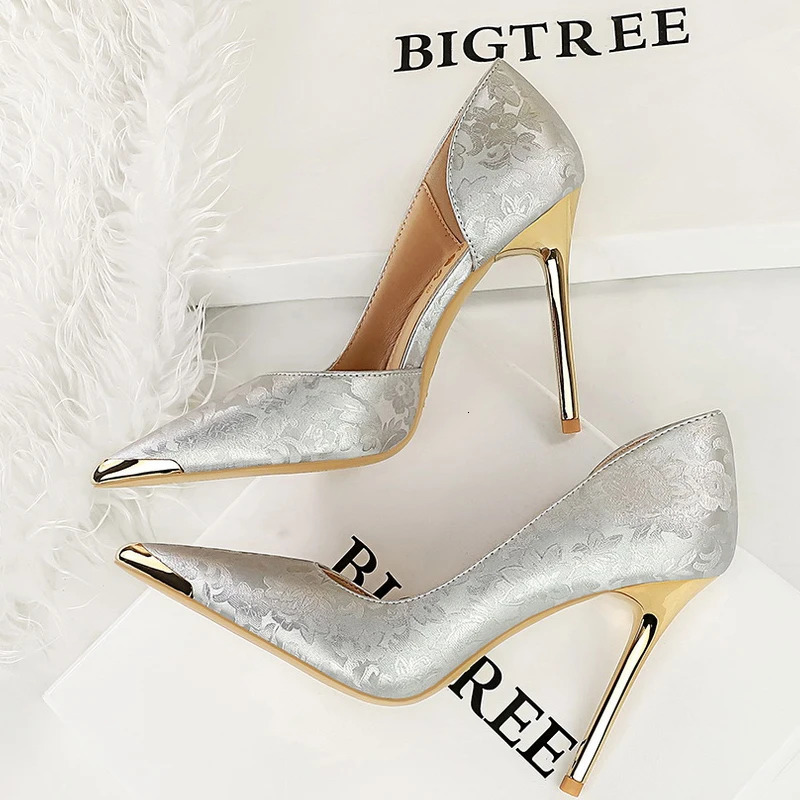 BIGTREE Shoes Women 11 Cm Heels Silks Satins Woman Pumps Metal Pointed Toe High Heels Fashion Female Pumps Sexy Party Shoes 260306